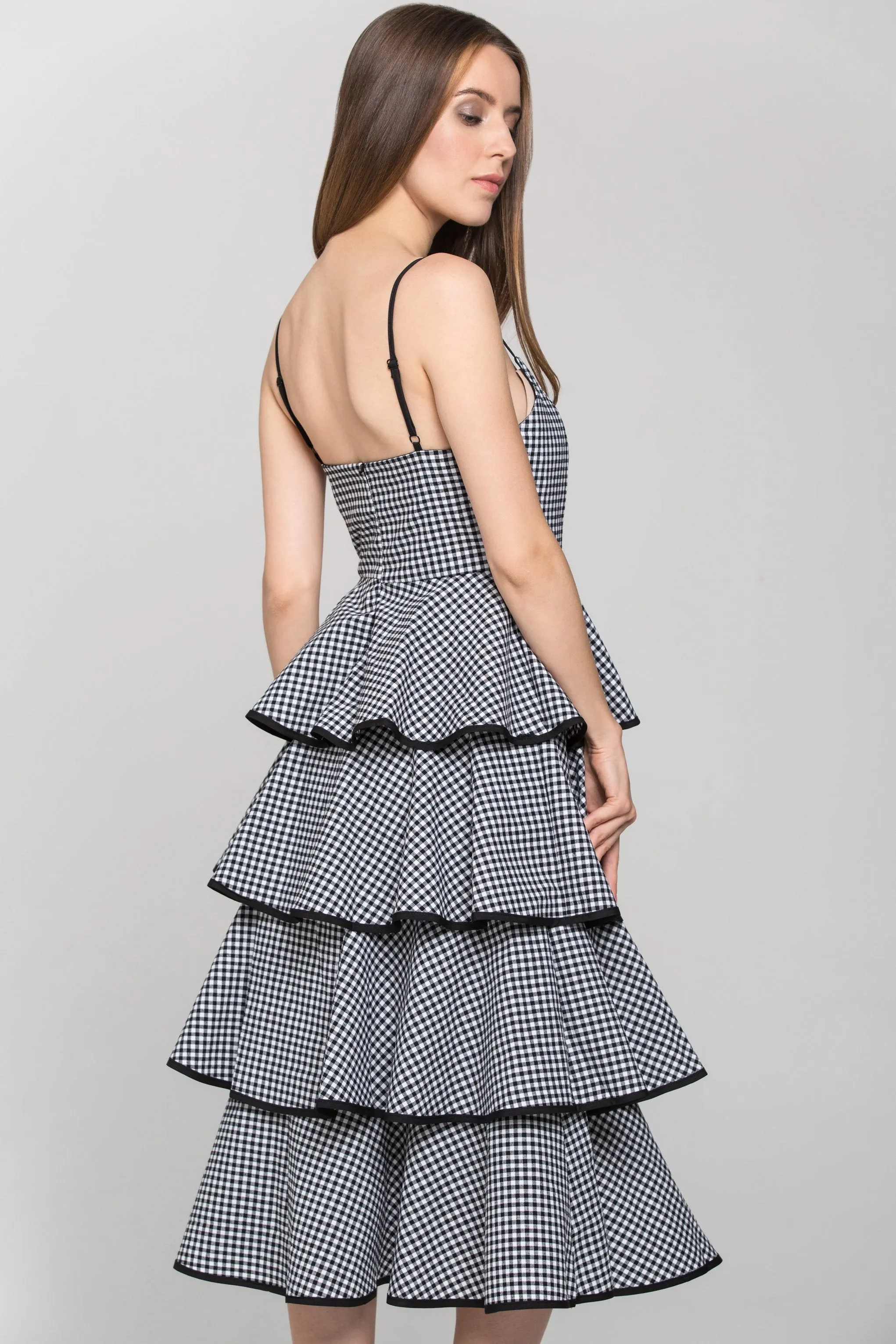 Black Gingham Tiered Skirt Midi Dress