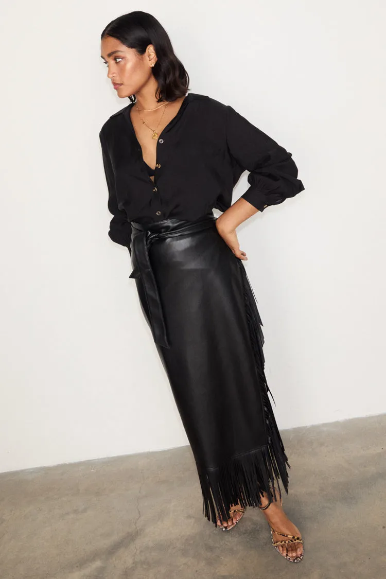 Black Vegan Leather Fringe Jaspre Skirt