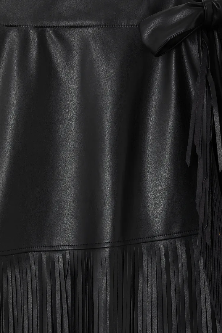 Black Vegan Leather Fringe Jaspre Skirt