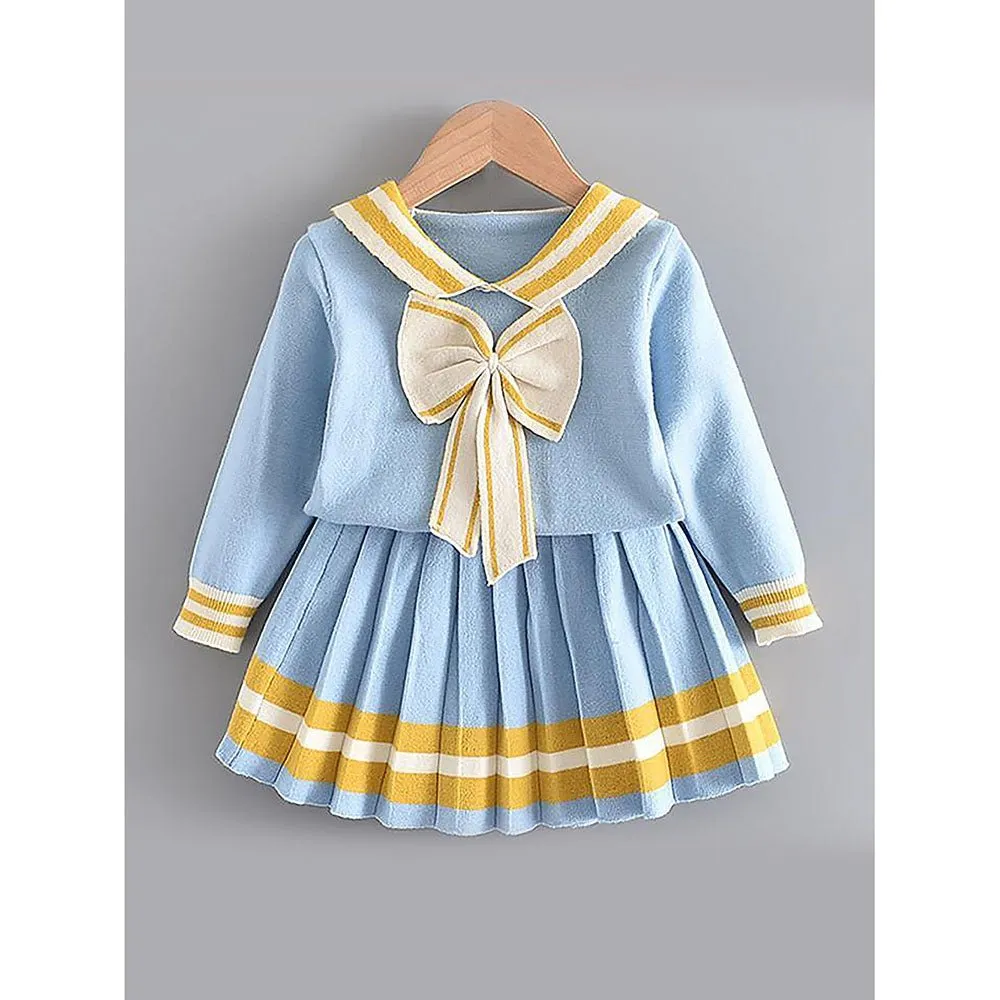 Blue & Occur Pleated Bow 2 pcs top & Skirt Winterwear set for Girls