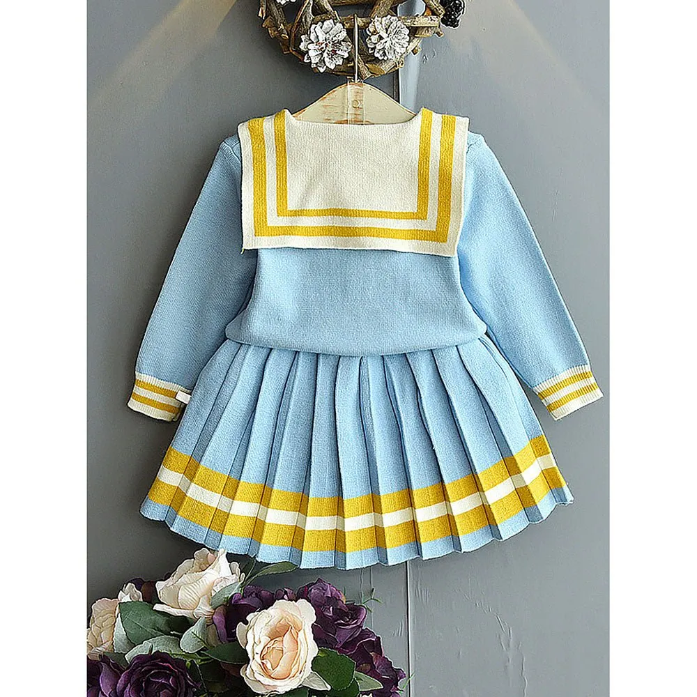 Blue & Occur Pleated Bow 2 pcs top & Skirt Winterwear set for Girls