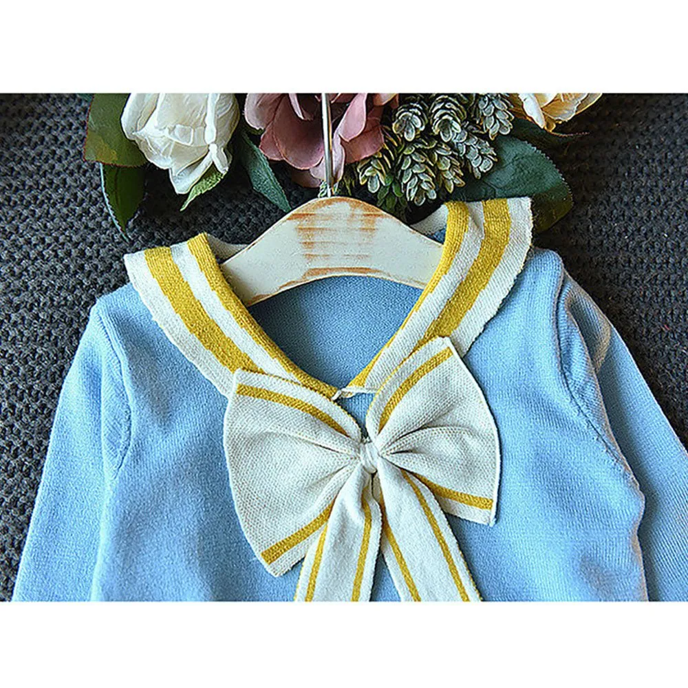 Blue & Occur Pleated Bow 2 pcs top & Skirt Winterwear set for Girls