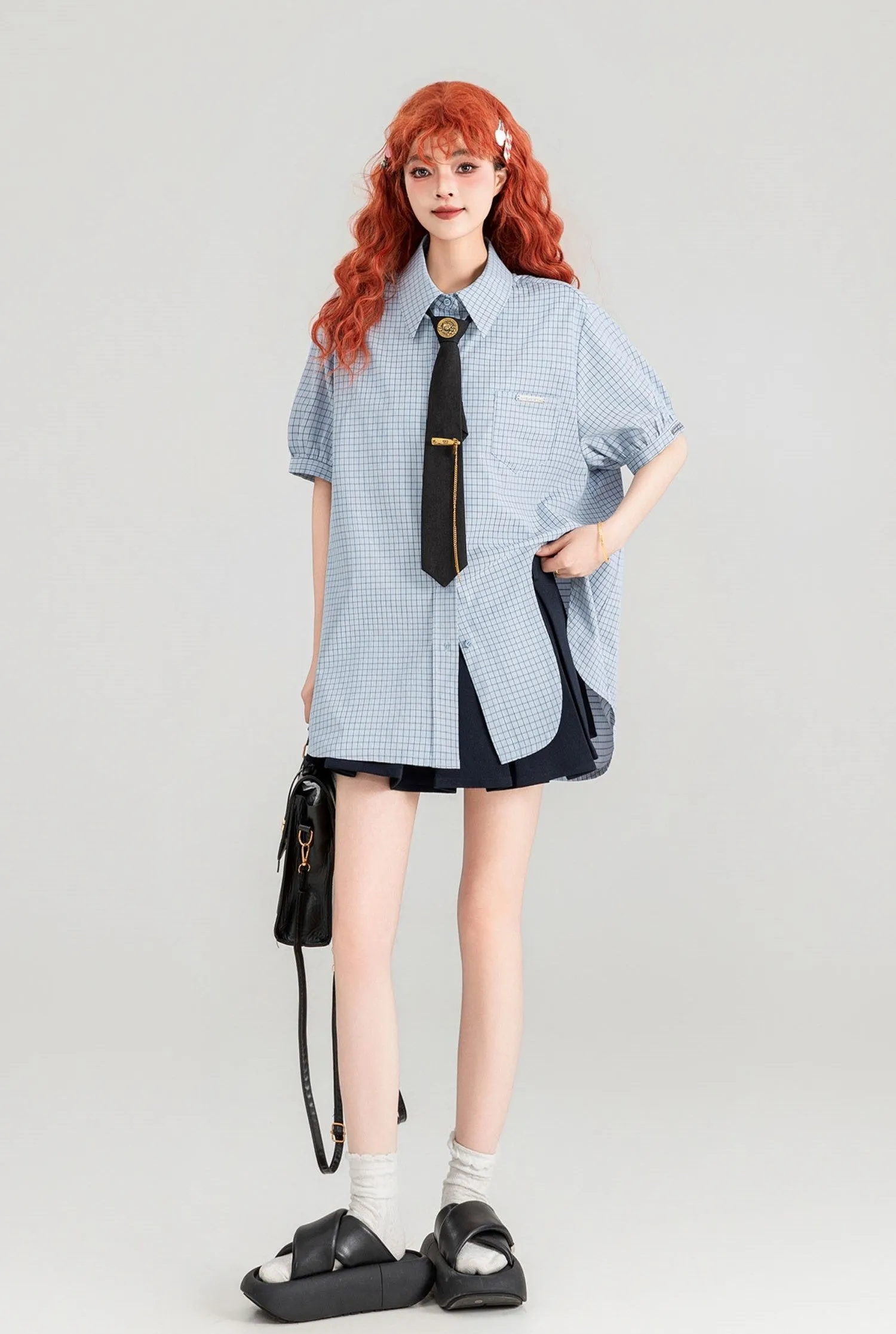 Blue Plaid Short-sleeved Shirt/Pleated Skirt/Black Tie KEI0091