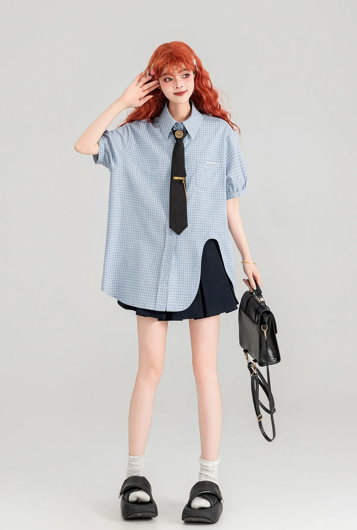 Blue Plaid Short-sleeved Shirt/Pleated Skirt/Black Tie KEI0091