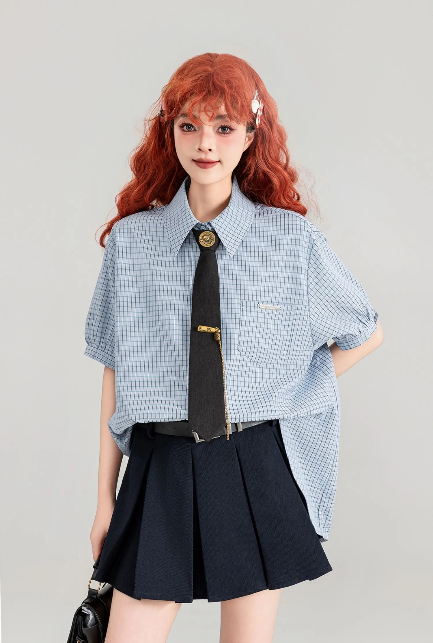 Blue Plaid Short-sleeved Shirt/Pleated Skirt/Black Tie KEI0091