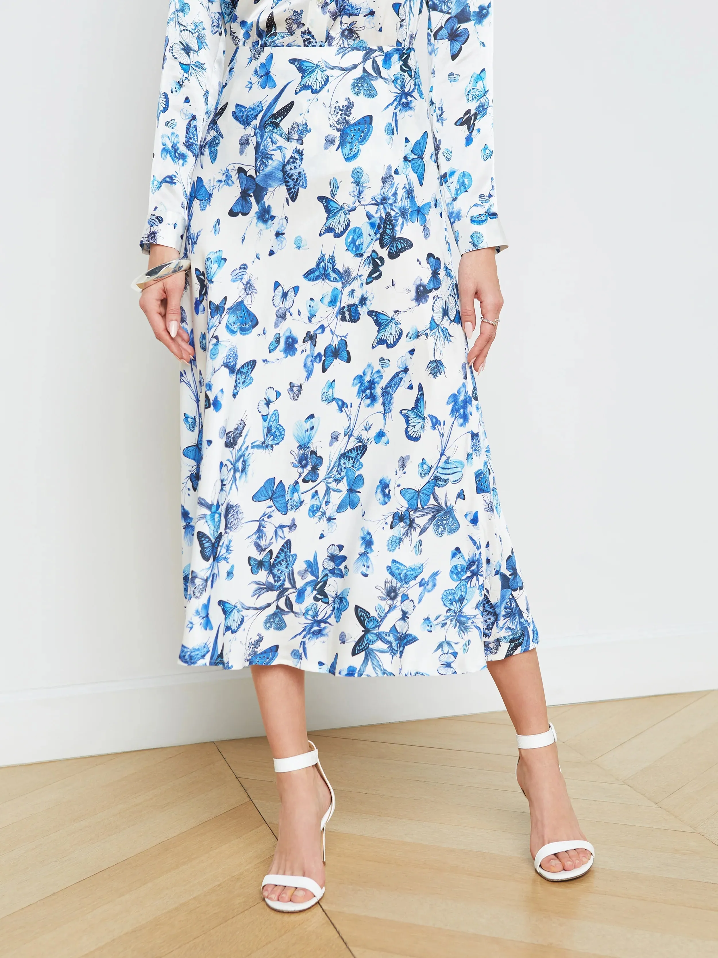 Clarisa Bias Midi Skirt White/ Blue Butterflies