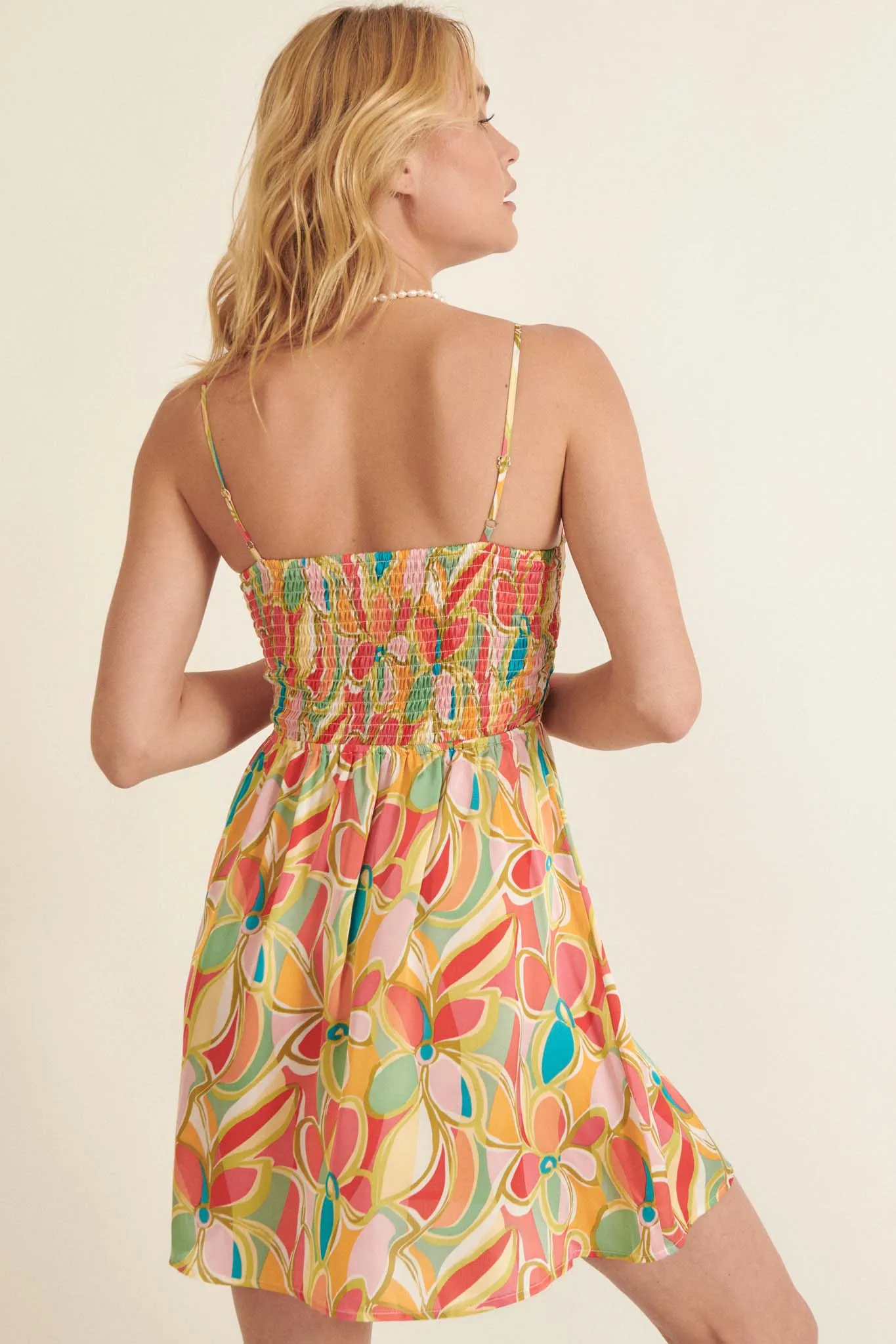 Dream World Floral Satin Cutout Mini Dress