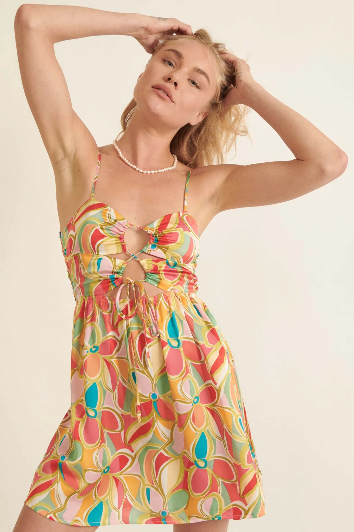 Dream World Floral Satin Cutout Mini Dress