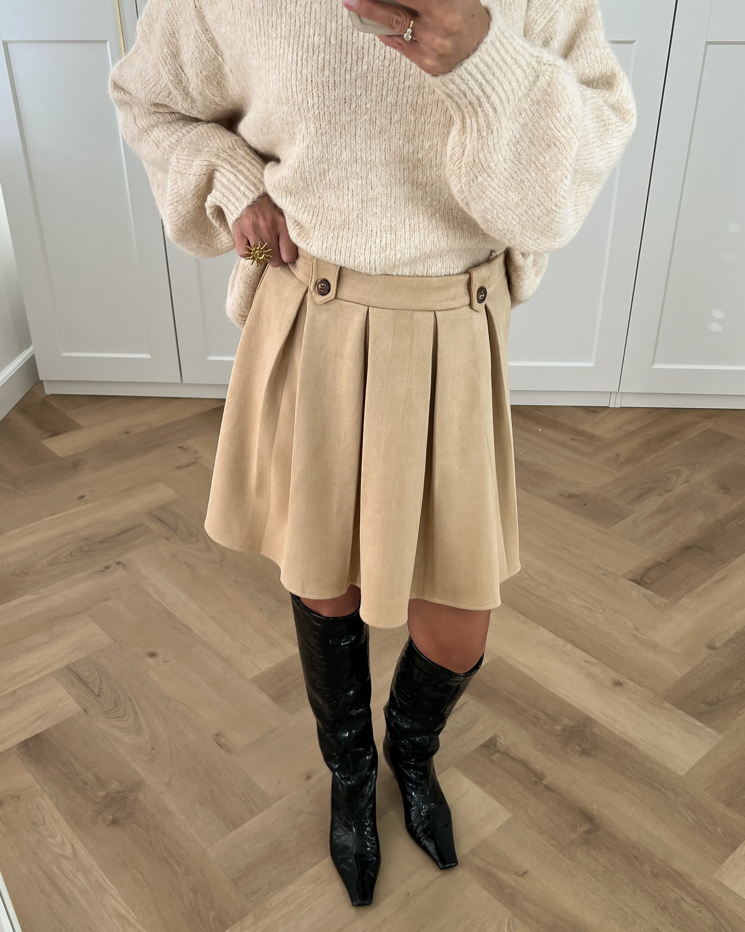 FIONA - Faux Suede Pleated Skirt in Beige