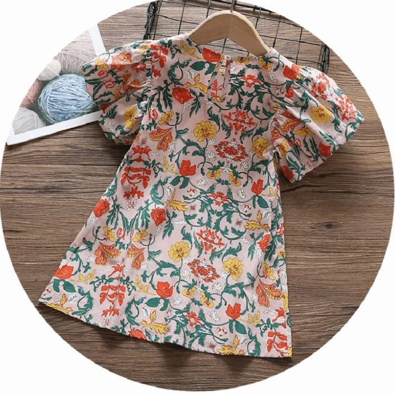 Floral A-Line Cotton Dress with Puff Sleeves