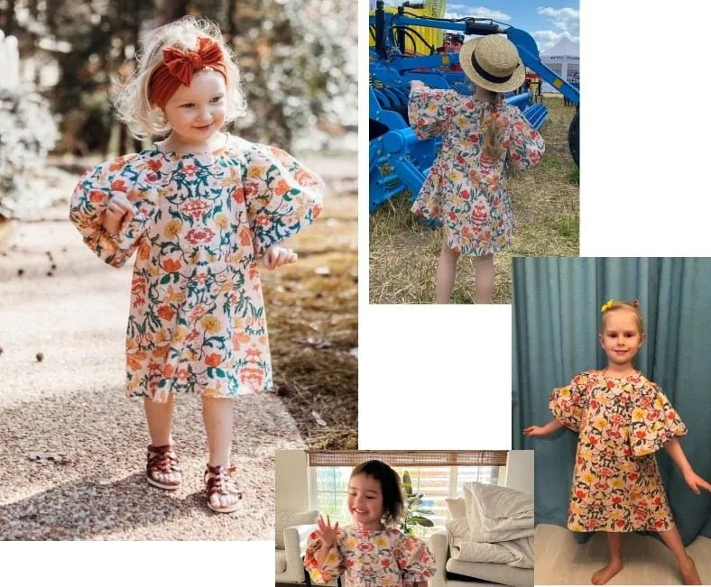 Floral A-Line Cotton Dress with Puff Sleeves