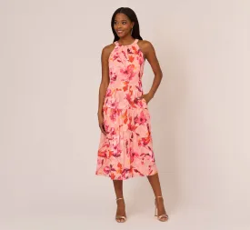 Floral Chiffon Halter Dress With Tiered Skirt In Apricot Multi