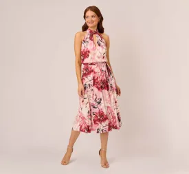 Floral Chiffon Midi Dress With Cutout Halter Neckline In Pink Multi