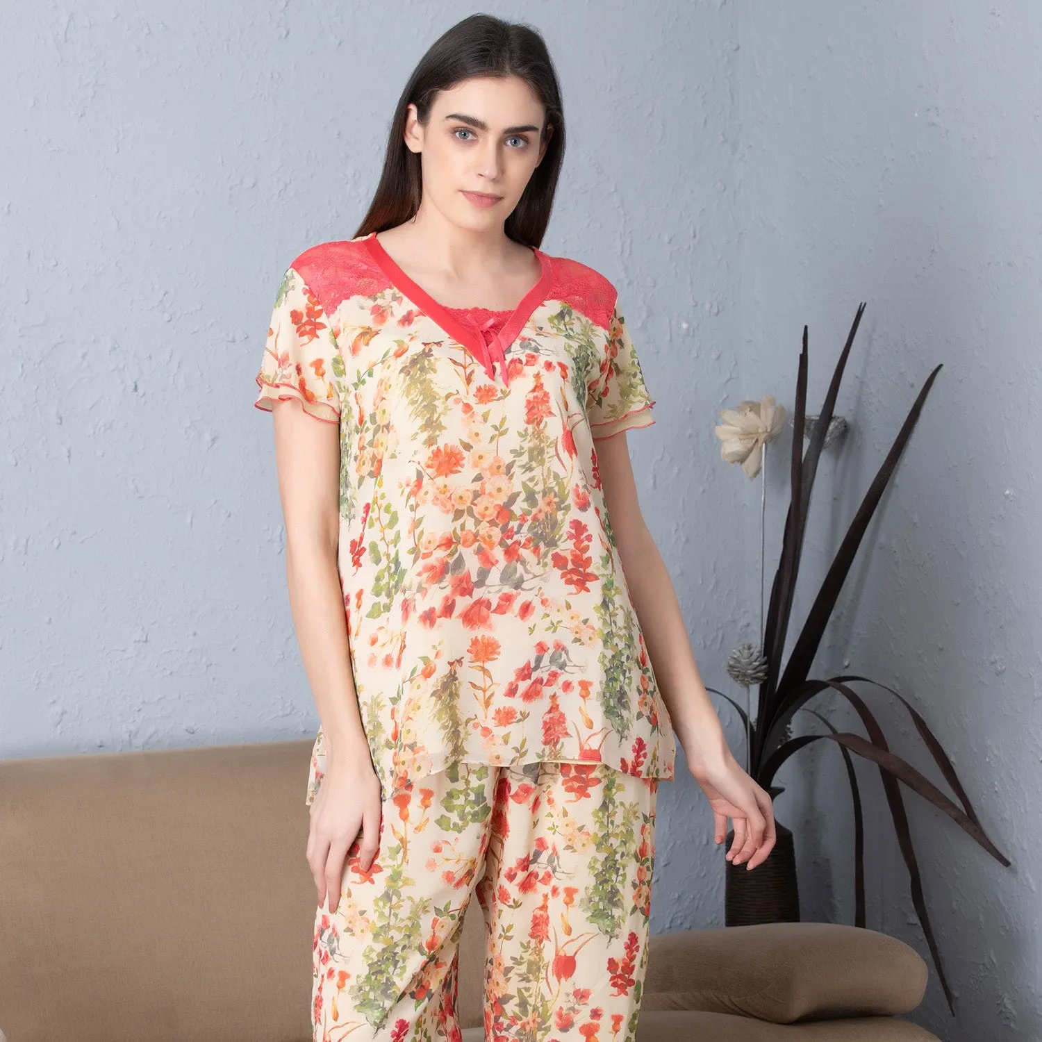 Floral Double chiffon Night suit