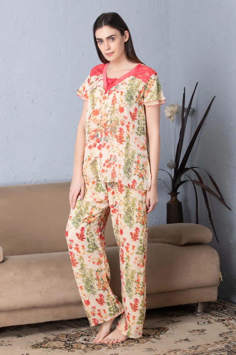 Floral Double chiffon Night suit
