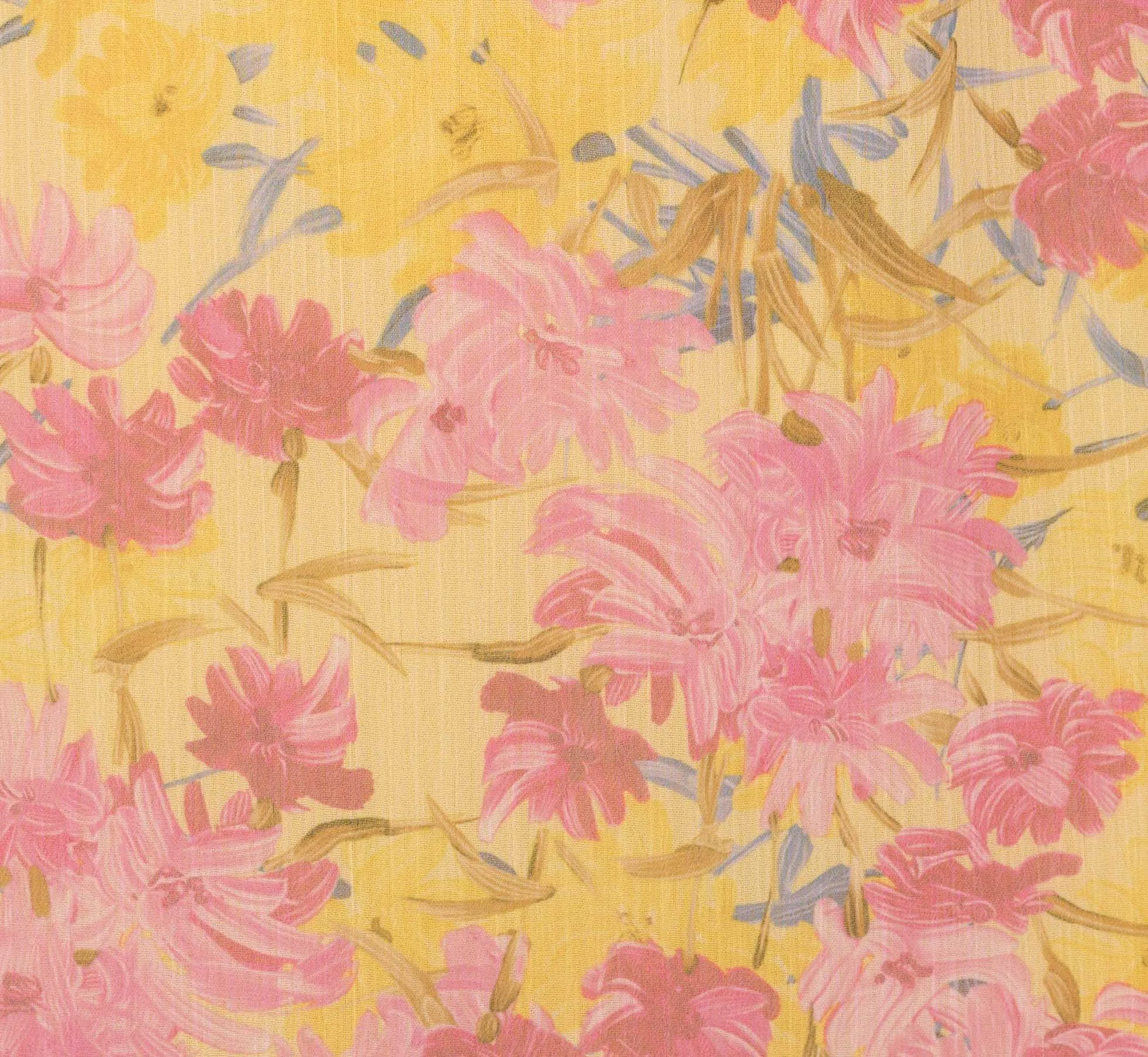 Floral Print Ankle Length Chiffon Dress With Ruffled Details In Yellow Multi
