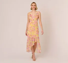 Floral Print Ankle Length Chiffon Dress With Ruffled Details In Yellow Multi