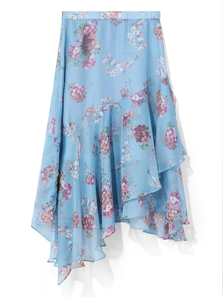 Floral Print Asymmetrical Ruffle Skirt