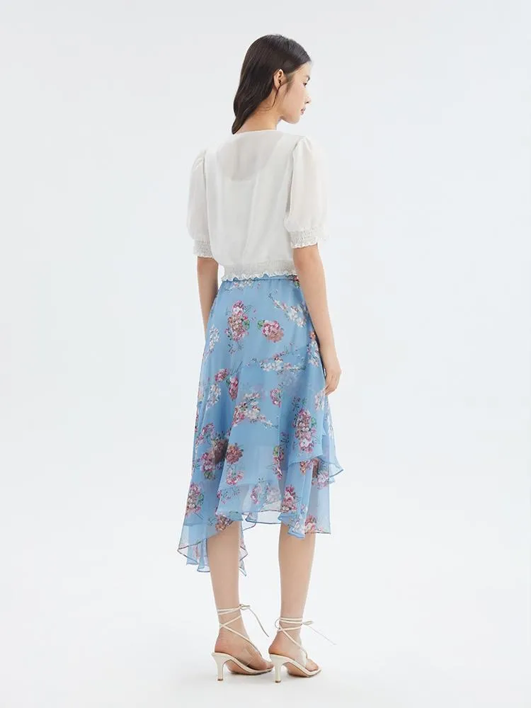 Floral Print Asymmetrical Ruffle Skirt