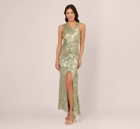 Foil Printed Asymmetric Gown With Ruffled Detail In Sage Gold