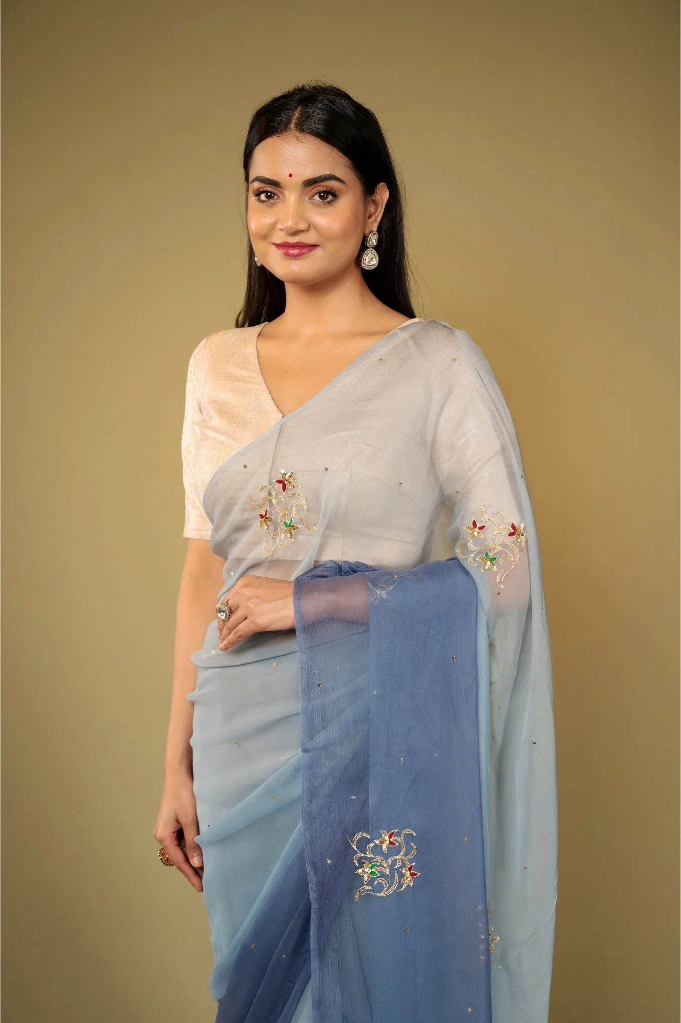 Grey Aari sequins Butta work viscose Chiffon Saree