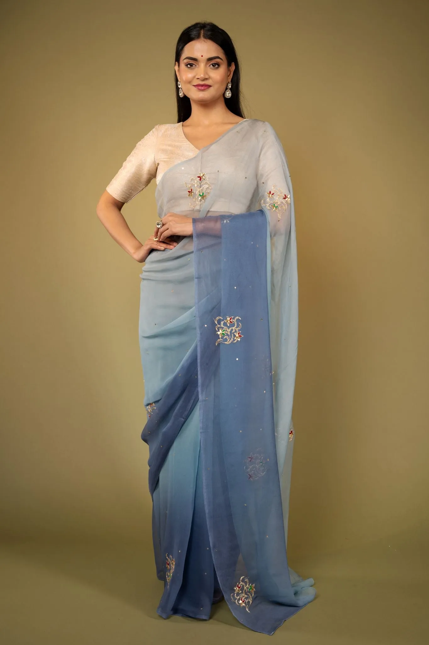 Grey Aari sequins Butta work viscose Chiffon Saree