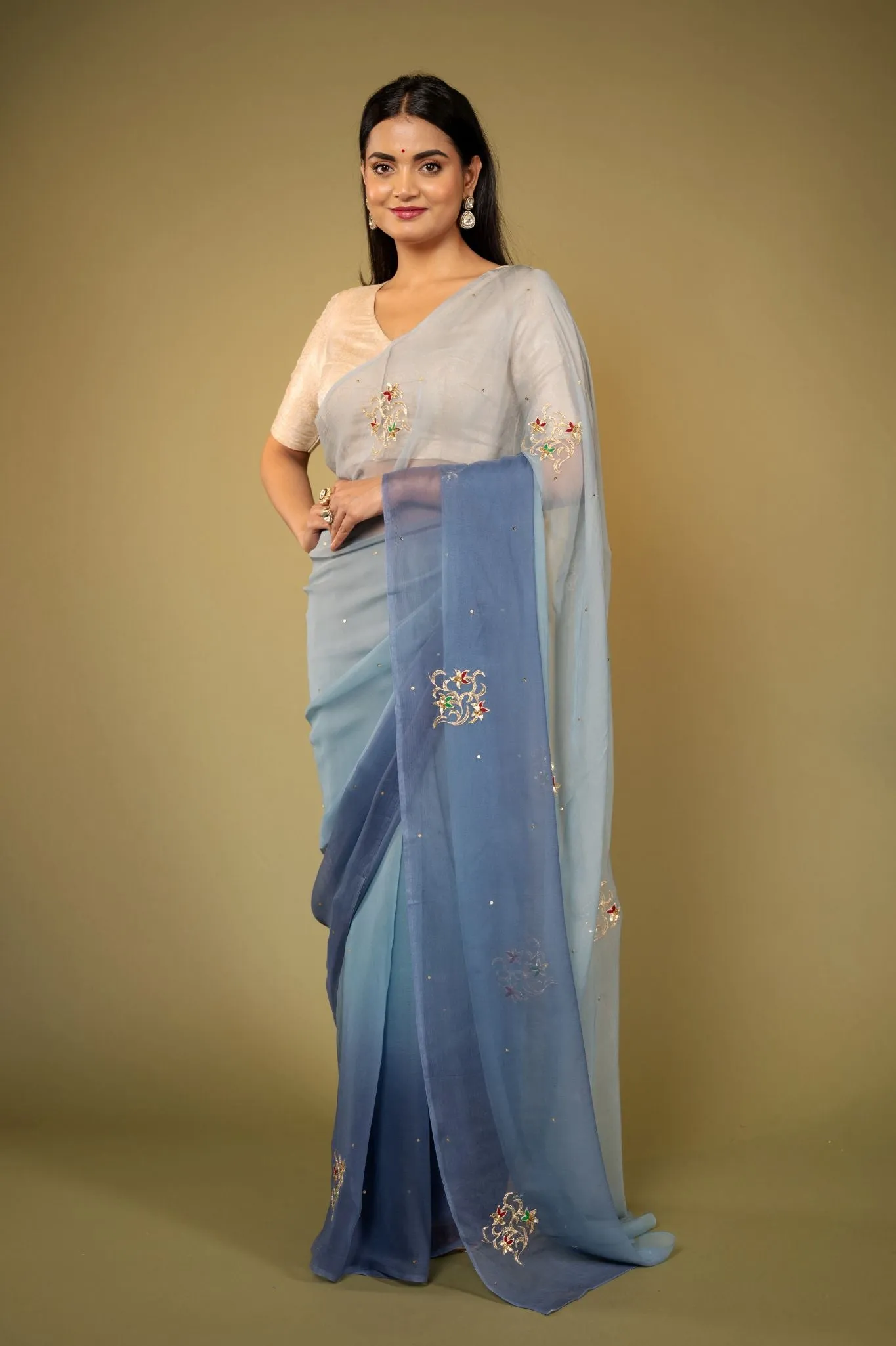 Grey Aari sequins Butta work viscose Chiffon Saree
