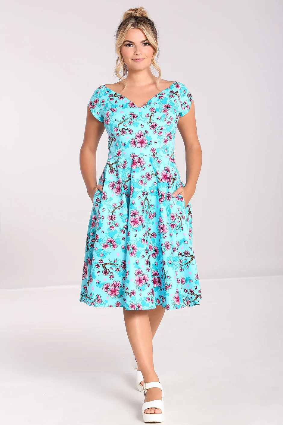 Hell Bunny Louella Dress Aqua Cherry Blossom Floral