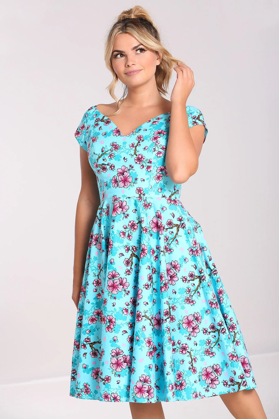 Hell Bunny Louella Dress Aqua Cherry Blossom Floral
