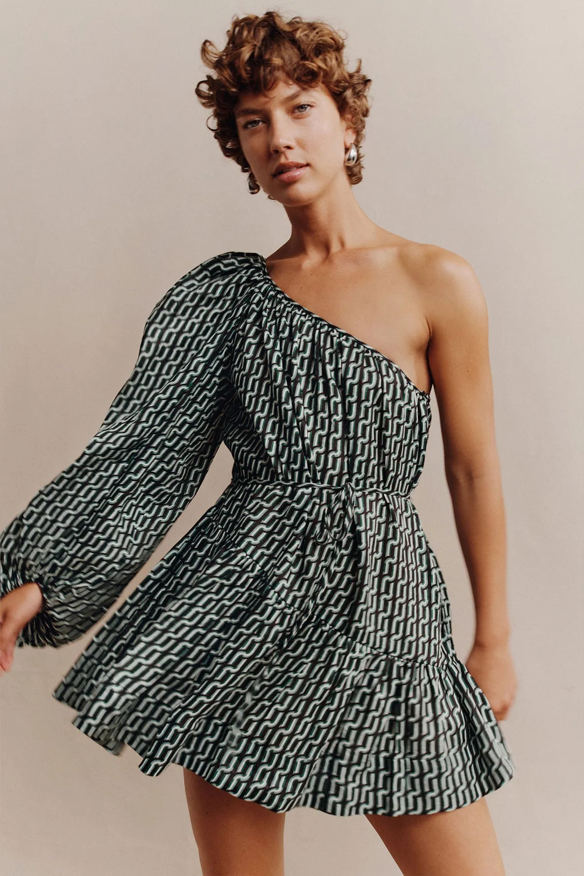 IDA LINEN LONG SLEEVE ONE SHOULDER TIERED MINI DRESS