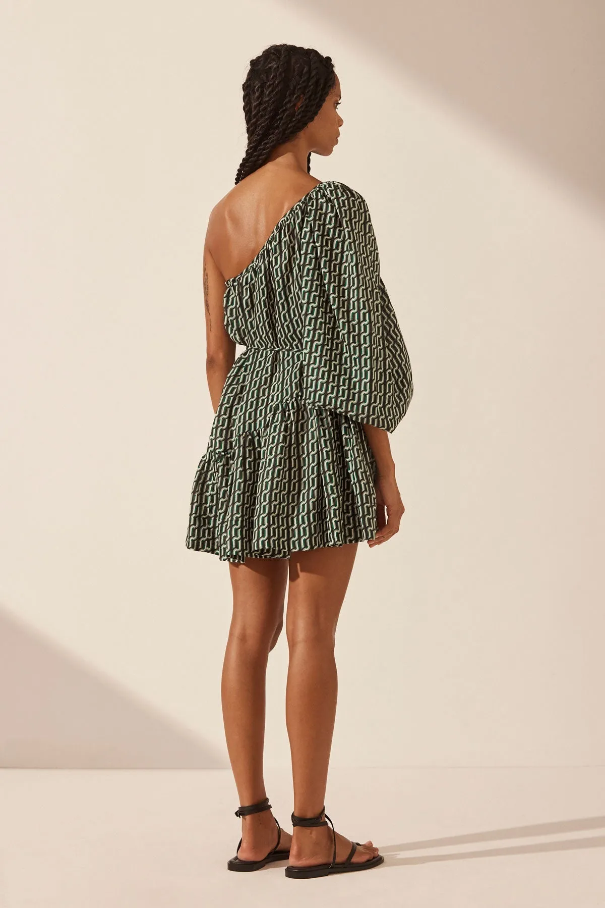IDA LINEN LONG SLEEVE ONE SHOULDER TIERED MINI DRESS