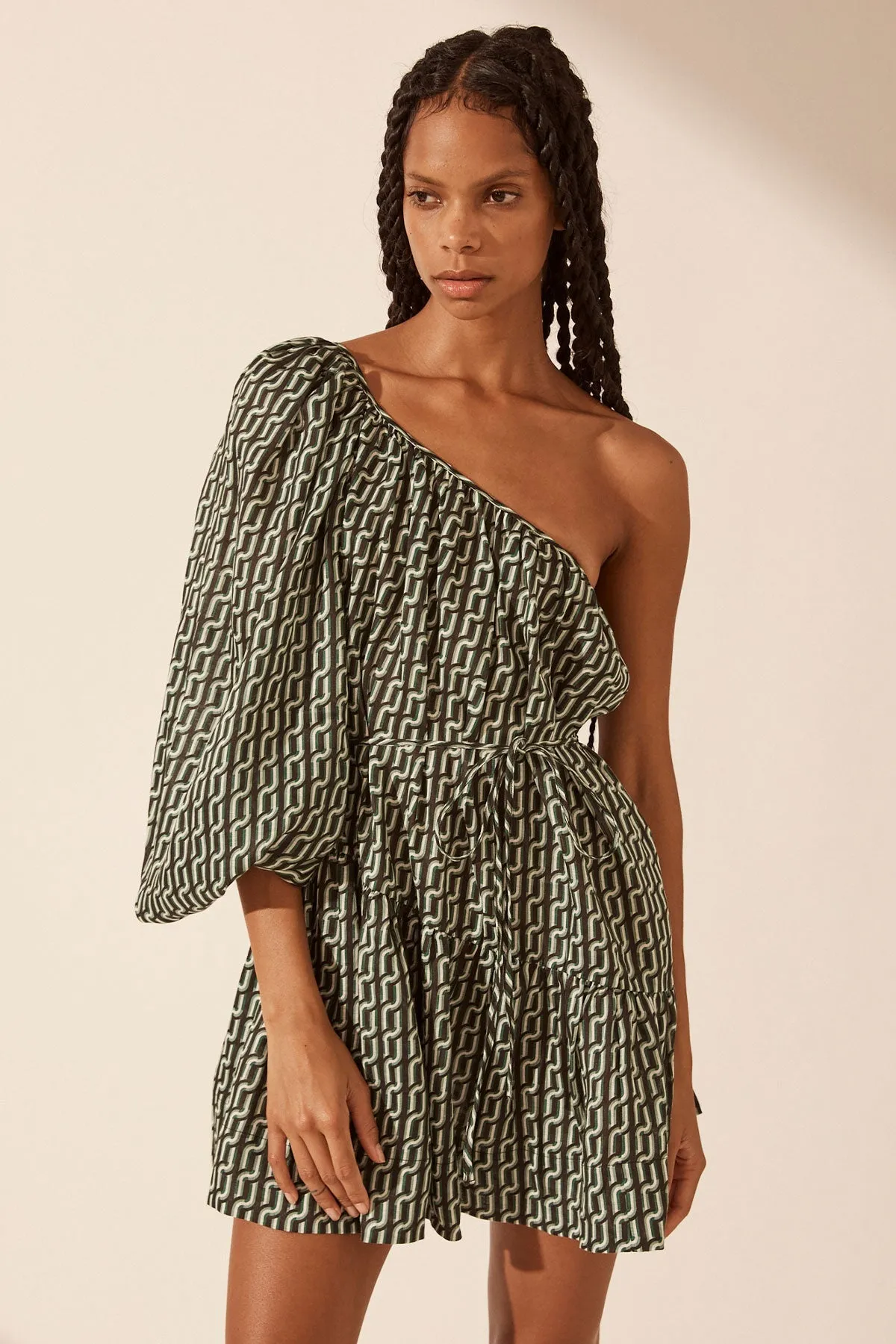 IDA LINEN LONG SLEEVE ONE SHOULDER TIERED MINI DRESS