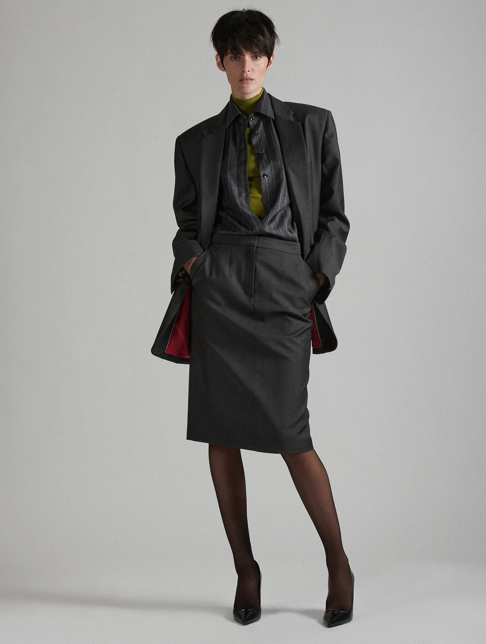 Jupe crayon en chambray de laine grise