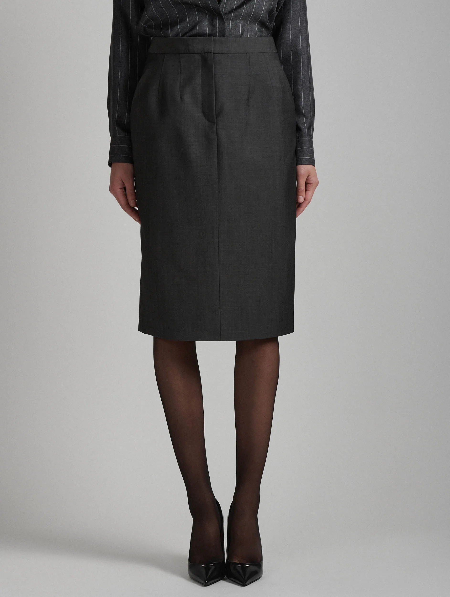 Jupe crayon en chambray de laine grise