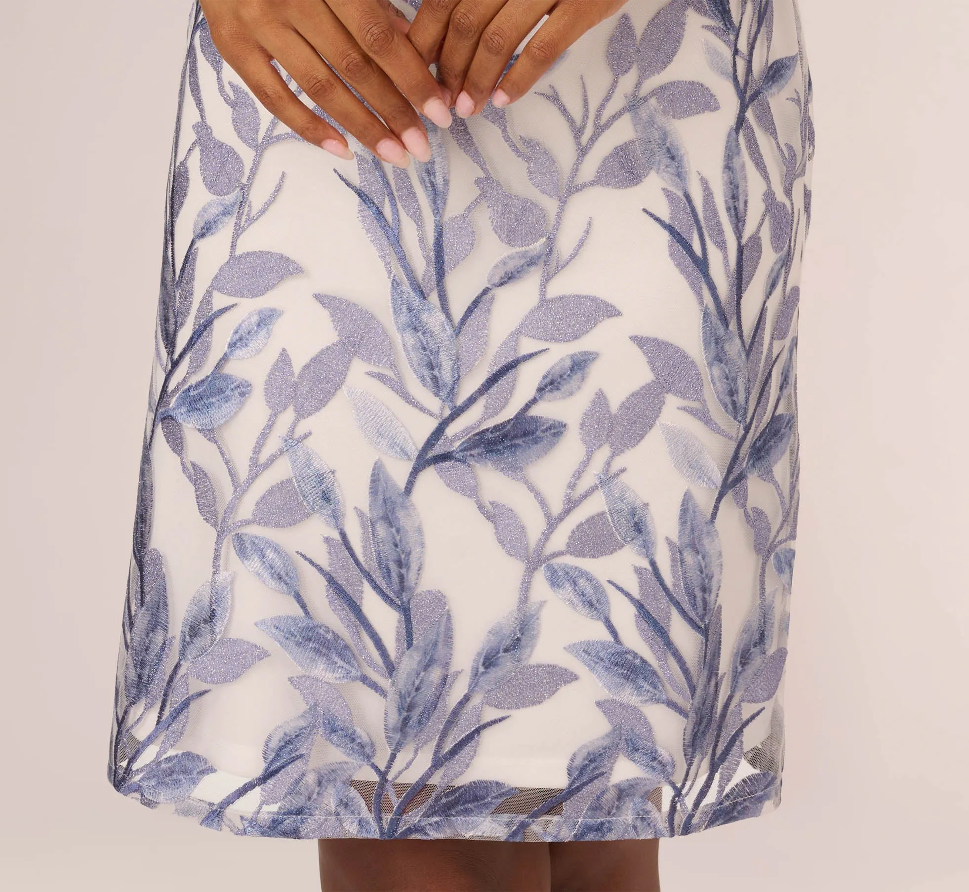Leaf-Embroidered A-Line Dress In Blue Multi