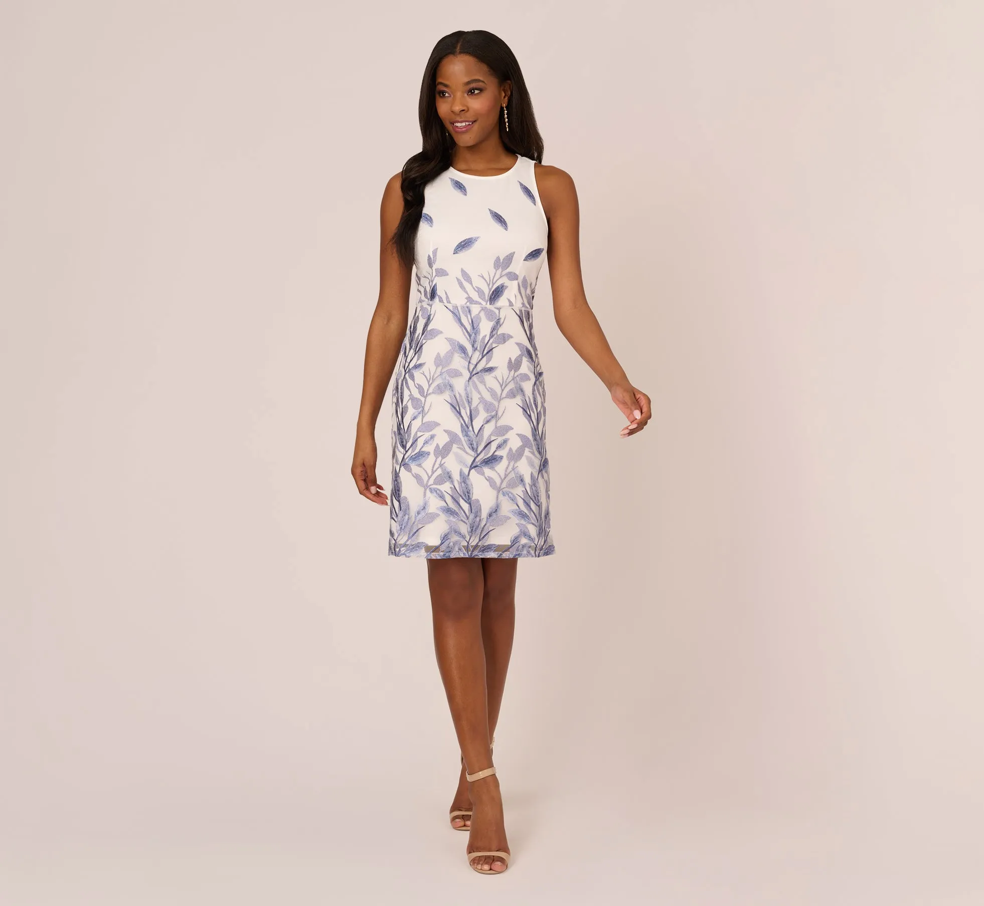 Leaf-Embroidered A-Line Dress In Blue Multi