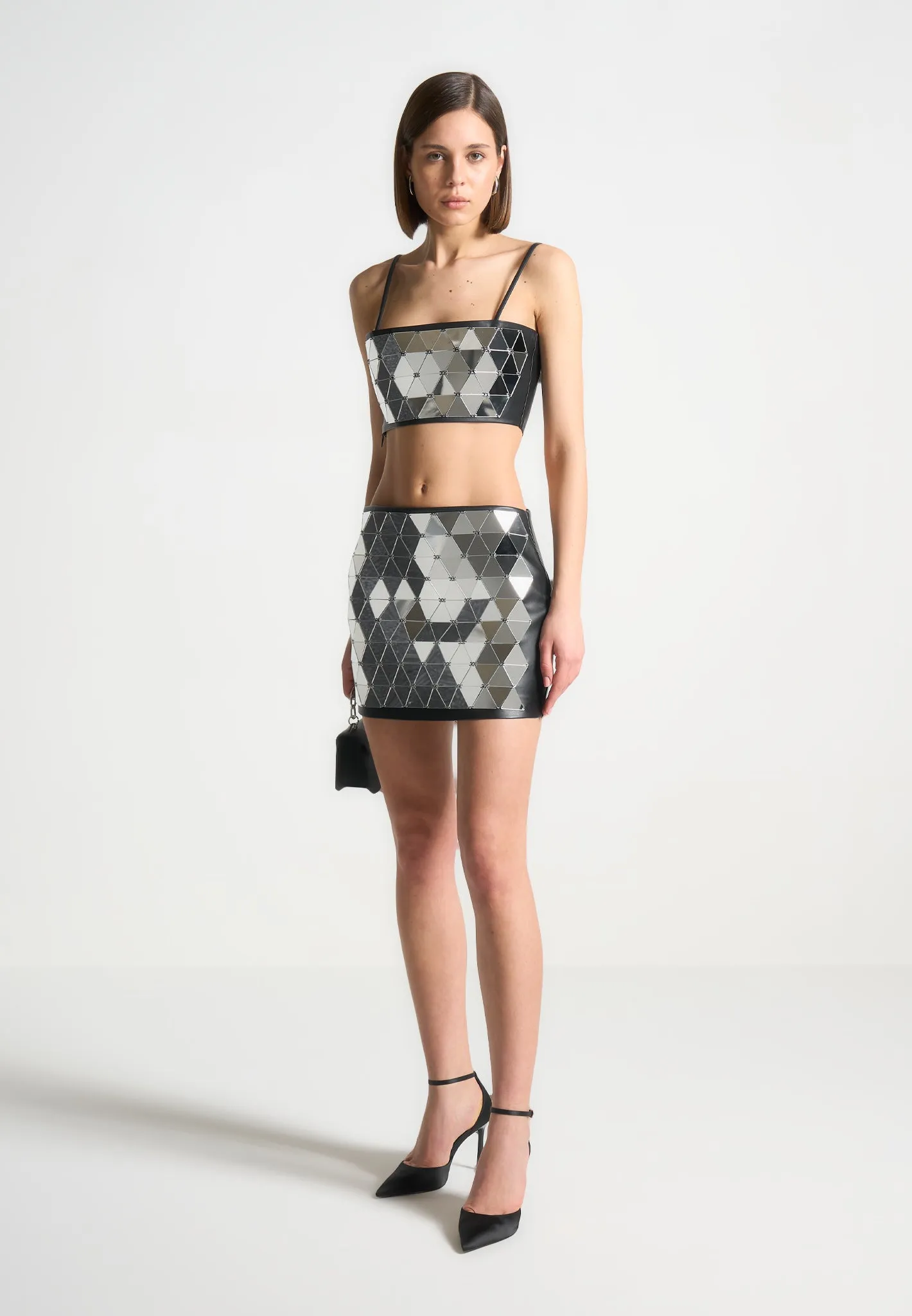 Leather Mirrored Mini Skirt - Silver/Black