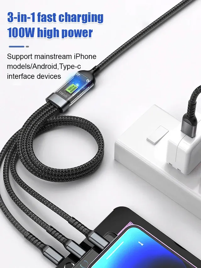 Limited time sale 50% discount!! Transparent luminous 100w Super fast charging three-in-one data cable