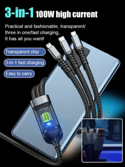 Limited time sale 50% discount!! Transparent luminous 100w Super fast charging three-in-one data cable
