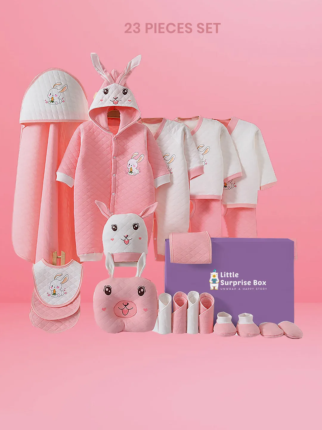 Little Surprise Box 24 Pcs Winter Wear, White Pink Dual Bunny Newborn Baby Girl/ Boy Gift Hamper Box