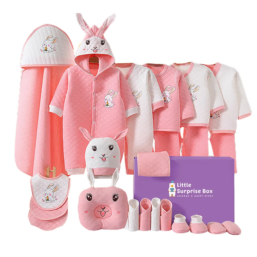 Little Surprise Box 24 Pcs Winter Wear, White Pink Dual Bunny Newborn Baby Girl/ Boy Gift Hamper Box