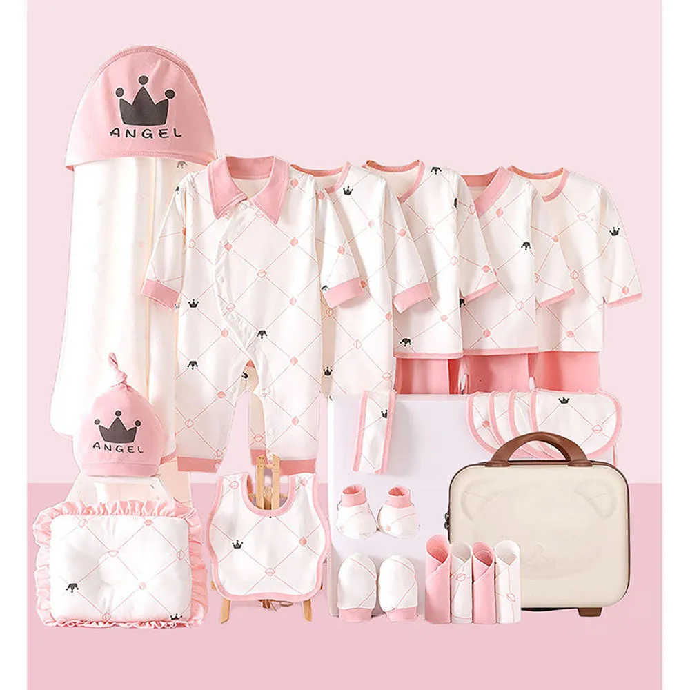 Little Surprise Box 26 Pcs Pink Tiara Newborn Baby Girl/ Boy All Season Wear Gift Hamper With Suitcase