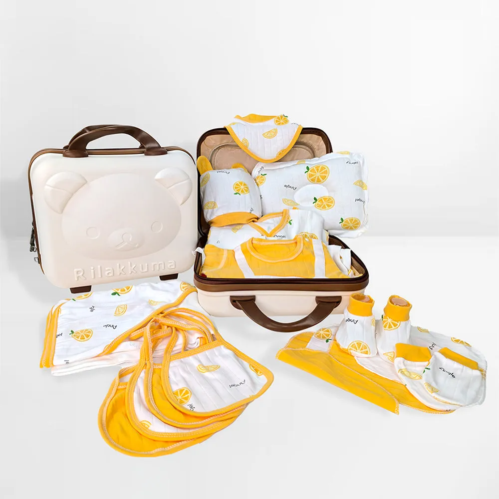 Little Surprise Box 27 Pcs Orangy Kick Newborn Baby Girl/ Boy All Season Wear Gift Hamper With Suitcase