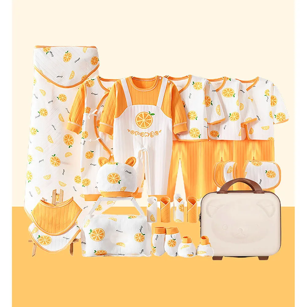 Little Surprise Box 27 Pcs Orangy Kick Newborn Baby Girl/ Boy All Season Wear Gift Hamper With Suitcase