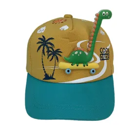 Little Surprise Box, Yellow & Teal  3d Dino on wheels Casual Cap for Kids