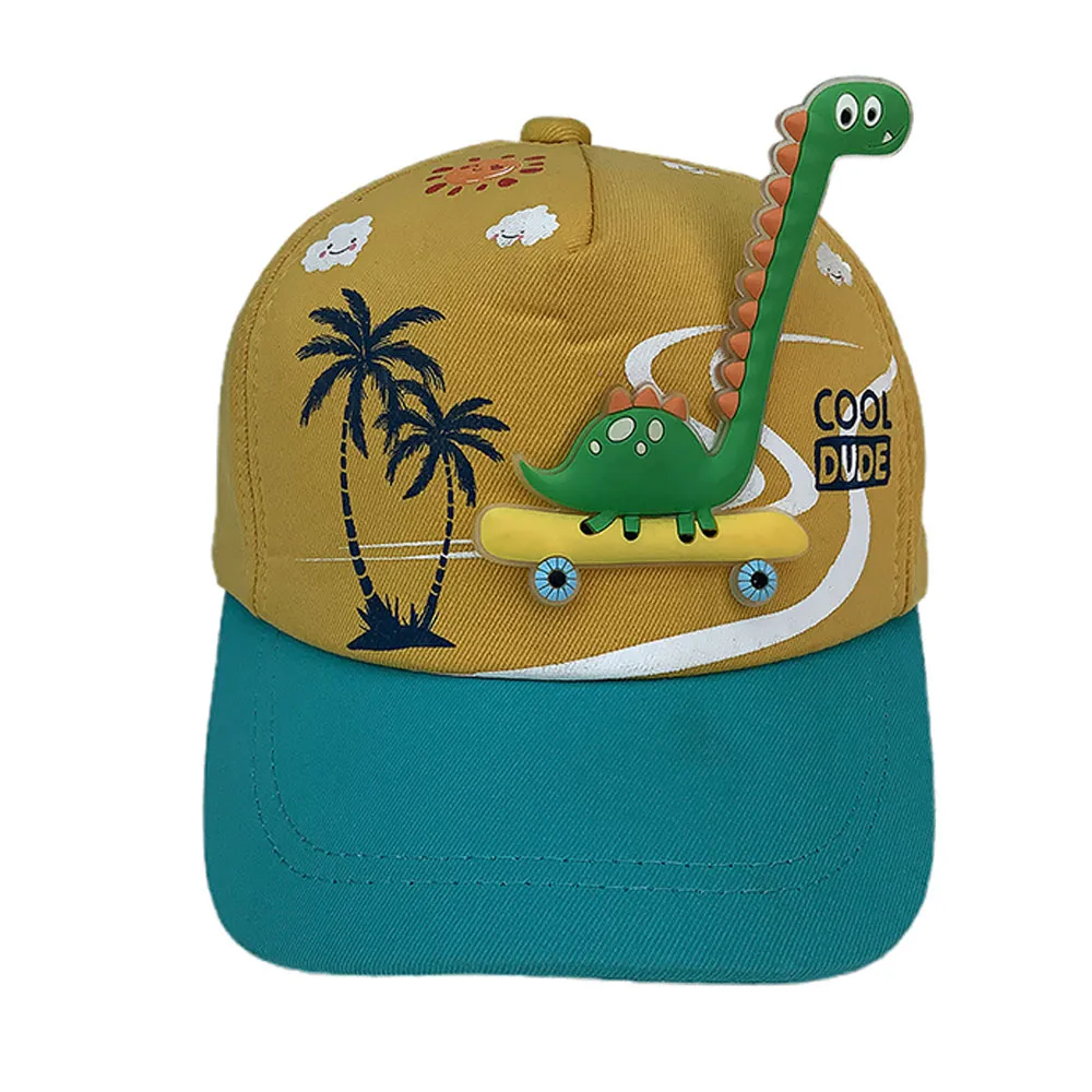 Little Surprise Box, Yellow & Teal  3d Dino on wheels Casual Cap for Kids