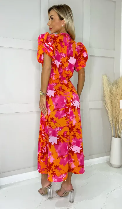 Mary Pink And Orange Puff Sleeve Dress