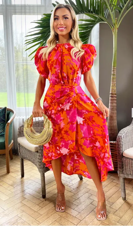 Mary Pink And Orange Puff Sleeve Dress