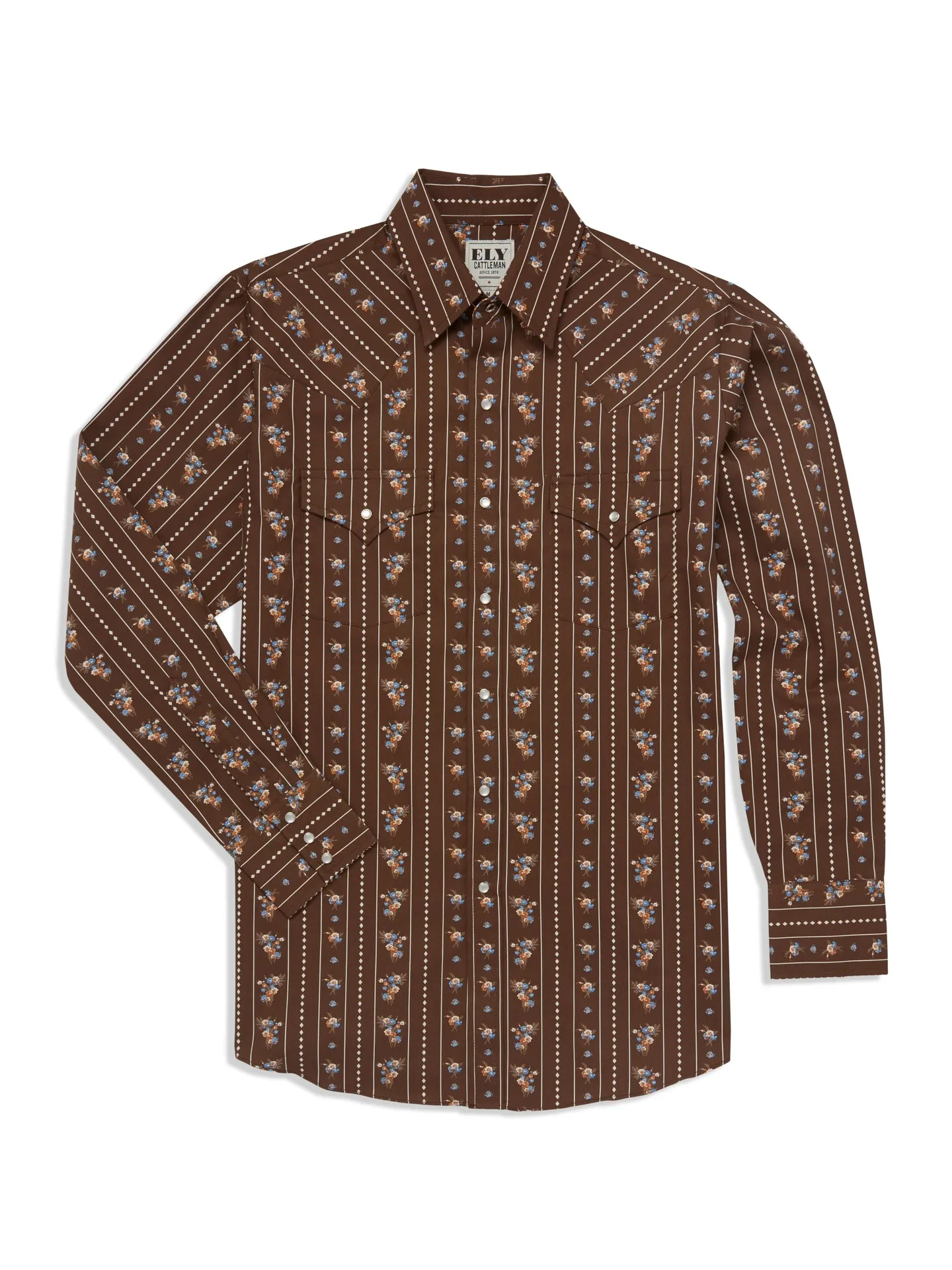 Men's Ely Cattleman Long Sleeve Floral Stripe Print Western Snap Shirt - Brown & White