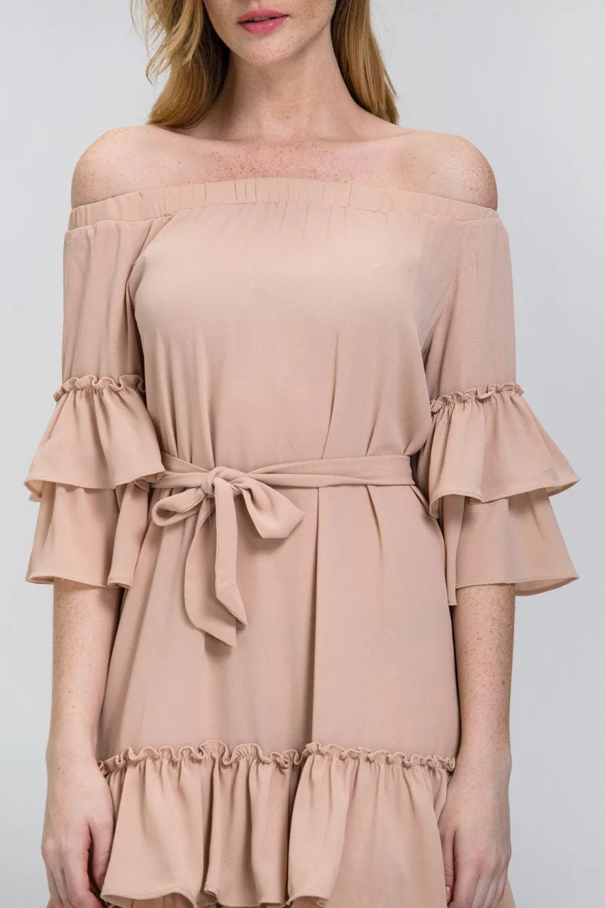 Nude Chiffon Tiered Ruffle Hem off the Shoulder Midi Dress